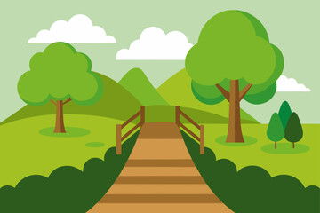 Fototapeta premium Flat design illustration of a wooden bridge leading through a green park with trees and rolling hills