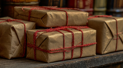 Brown paper wrapped gifts tied with red string, rustic and charming packaging, cozy festive vibe, high-resolution, professional stock photo style.