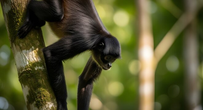 Close up of a black spider monkey climbed down from the tree, Rainforest of Amazon basin in South America.
