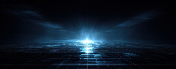 Obraz premium Abstract Blue Digital Grid Background with Light Beam for Technology and Futuristic Design Projects