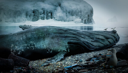 Dead whale on beach, animal concept, 3D illustration