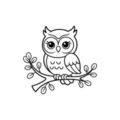 Fototapeta premium Adorable Cartoon Owl Perched on a Branch - Line Art Illustration