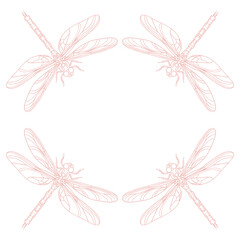 Original illustration of an ornamental dragonfly frame in a minimalist hand-drawn linear style, for cards, posters and graphic design.