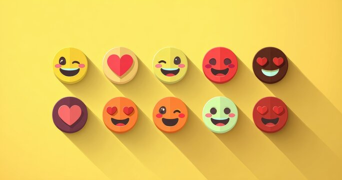 Flattened emoji faces, various expressions, hearts