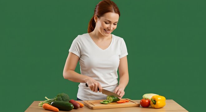 Smiling woman chopping bell peppers on green screen - Powered by Adobe