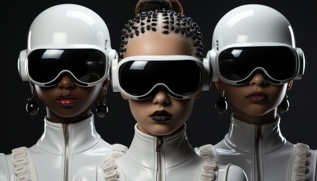 Futuristic VR virtual reality technology helmet, 3D viewing headset.