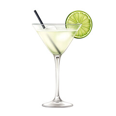 A refreshing cocktail in a martini glass garnished with a lime slice and a straw isolated on transparent background