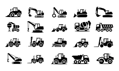 Construction heavy machinery and vehicles silhouette icons heavy equipment bulldozer