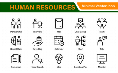Human Resources icon set with linear style illustrations of recruitment, employee management, office teamwork, hiring, payroll, HR analytics, and performance review.