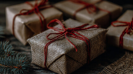Brown paper wrapped gifts tied with red string, rustic and charming packaging, cozy festive vibe, high-resolution, professional stock photo style.
