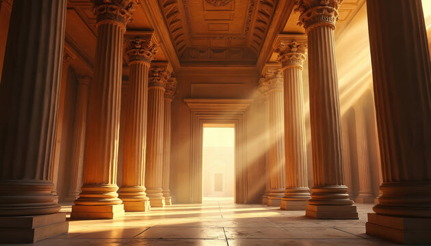 Majestic sandstone structure with ornate columns bathed in golden light. Sunlight streams through grand doorway, casting dramatic shadows. Ancient, regal architecture inspires mystery, grandeur.