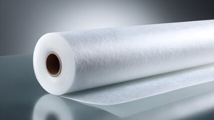 Fototapeta premium Large White Non-Woven Fabric Roll on Reflective Surface for Hygiene, Medical, and Industrial Material Production