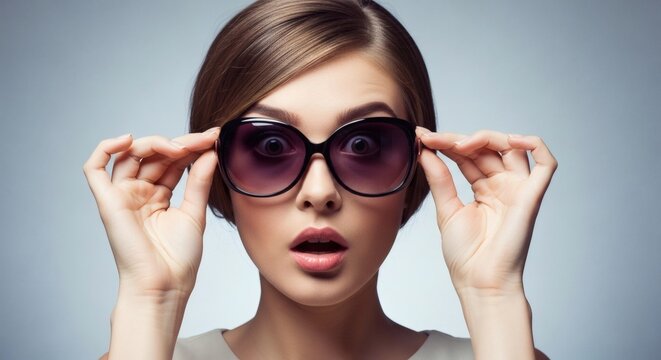 Close-up portrait of a shocked funny woman with a surprised open mouth, holding her stylish sunglasses.
