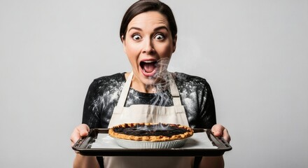A shocked funny young baker reacts to her epic baking fail, holding a smoking burnt pie on a tray.