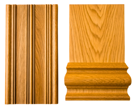 Decorative wood molding samples including fluted and baseboard on a transparent background