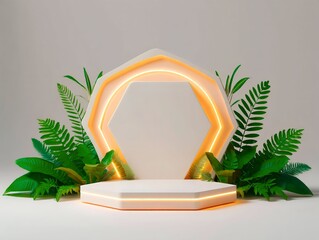 A white hexagonal podium with a glowing neon frame is surrounded by lush green tropical leaves, perfect for showcasing a product isolated on white background