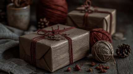 Brown paper wrapped gifts tied with red string, rustic and charming packaging, cozy festive vibe, high-resolution, professional stock photo style.