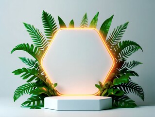 A white hexagonal podium with a glowing neon frame is surrounded by lush green tropical leaves, perfect for showcasing a product isolated on white background