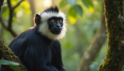 Obraz premium Close-up portrait of black, white Colobus monkey perched on mossy tree branch in rich green rainforest. Primate gazes outward with striking orange eyes, surrounded by soft, blurred sunlight filtering