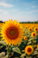 Fototapeta premium A bright, fully bloomed sunflower stands out against a clear blue sky. Symbolizes summer, happiness and natural beauty. Rural landscapes, nature photos, inspirational messages.