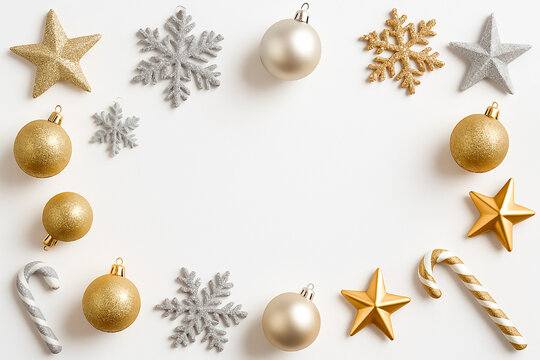 Elegant Christmas background with silver and gold baubles, silver stars and snowflakes on a light background. Suitable for holiday greetings and invitations.