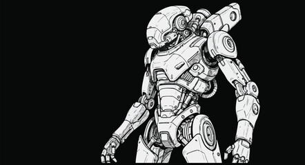 black and white cartoon illustration of a Detailed Vector of Futuristic Armored Robot for Sci-Fi Projects