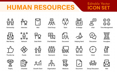 Human Resources icon set with linear style illustrations of recruitment, employee management, office teamwork, hiring, payroll, HR analytics, and performance review.