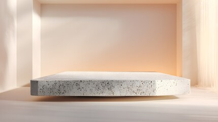Minimalist Concrete Podium in Soft Lit Beige Room with Sunlight Shadows - Empty Product Display Background