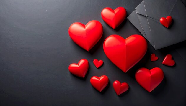 Red hearts on dark background with envelopes