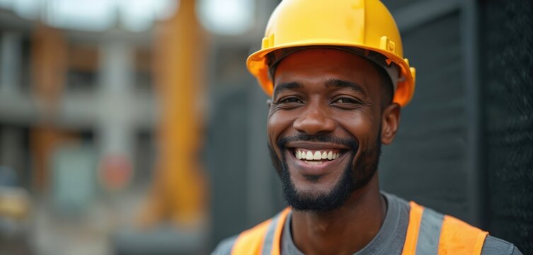 Smiling construction worker portrait. Man wears yellow safety helmet, orange high-visibility vest. Bearded man works on industrial site. Represents skilled labor, project management, career success.
