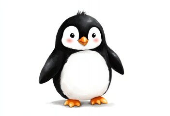 Obraz premium A cartoon penguin with black and white feathers and orange feet standing on a white background