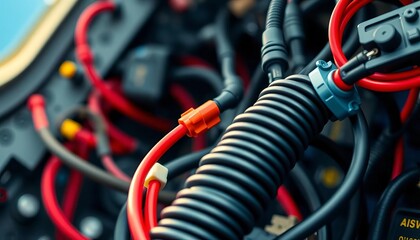 Close-up of aircraft avionics wiring harness with connectors, dashboard, aeronautics