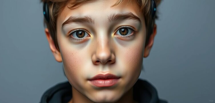 Close-up of a young face against a grey backdrop, illustrating facial recognition technology, image processing, recognition