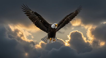 Naklejka premium Bald eagle landing on a stormy clouds