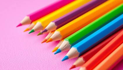 Fototapeta premium Close-up of vibrant color pencils arranged in spectral order on a pink backdrop, art supplies, drawing