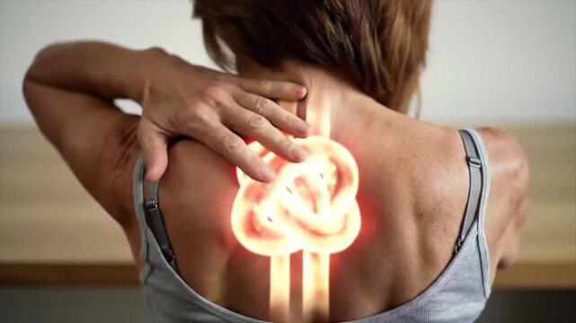 Person with a muscle knot in their back shown with a glowing VFX hotspot.