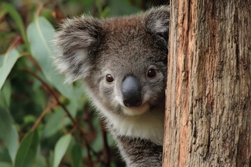 Koala hugging a eucalyptus tree - copy space above.