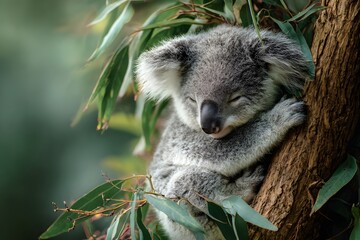 Koala hugging a eucalyptus tree - copy space above.