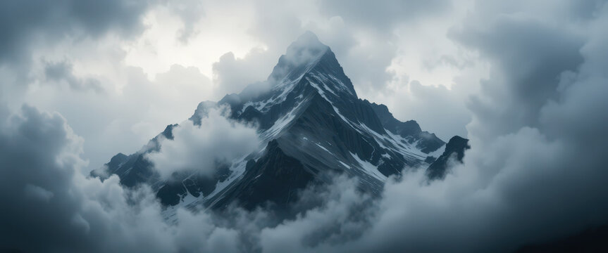 Majestic mountain peaks surrounded by clouds high altitude landscape nature photography dramatic sky scenic view