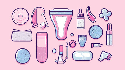 Flat minimalist vector set of feminine hygiene and menstrual products including pads, tampons, cups, wipes, and applicators in pink and blue colors