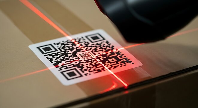A focused image showcasing the scanning process of a QR code with red laser light on package