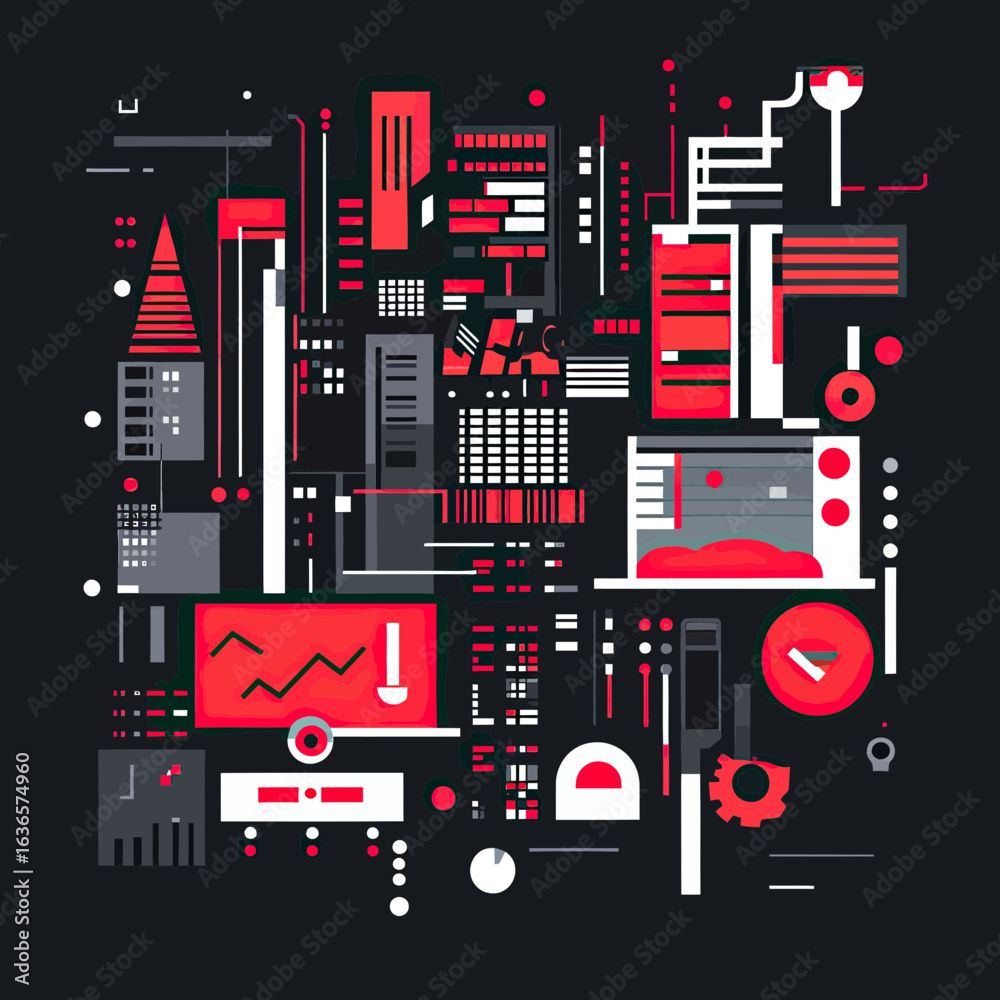 Wall mural abstract digital circuit board design with red black and white geometric shapes and data visualizati