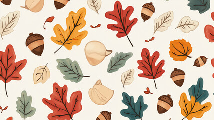 Fototapeta premium A delightful and cute repeating pattern of autumn leaves and acorns on a light-colored background, perfect for fall designs.