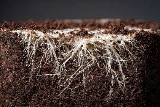 Macro shot of plant roots in dark brown soil reveals intricate biodegradable network in rich organic detail.