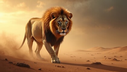 Obraz premium Majestic lion walks through desert dust clouds under divine golden light. Symbol of power and freedom, the king of beasts strides across the arid landscape, embodying courage and strength.