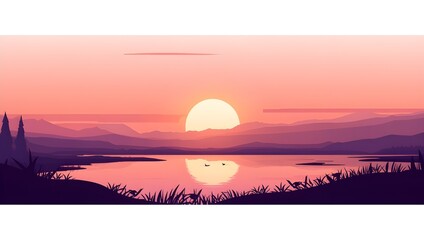 Serene Lakeside Sunset with Silhouettes