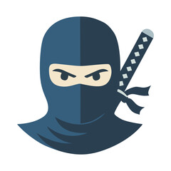 A Ninja logo of a head in a blue mask with a sword behind his back, an illustration representing martial arts, stealth, and shadow warriors © Pixelly