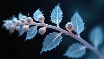 Translucent branch with seed pods, delicate leaves against black background. Illuminated botanical detail creates ethereal, nature-inspired macro photography. Minimalist design emphasizes organic