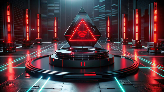 Black Glass Platform With Moving Red Lasers And Alert Icons Representing Cybersecurity And Danger