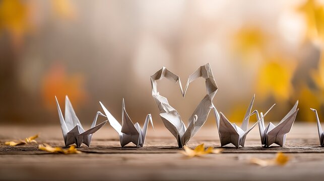 International Day of Peace for Diplomacy: International Relations and Multilateral Cooperation featuring Delicate origami cranes arranged in a heart shape on a wooden surface